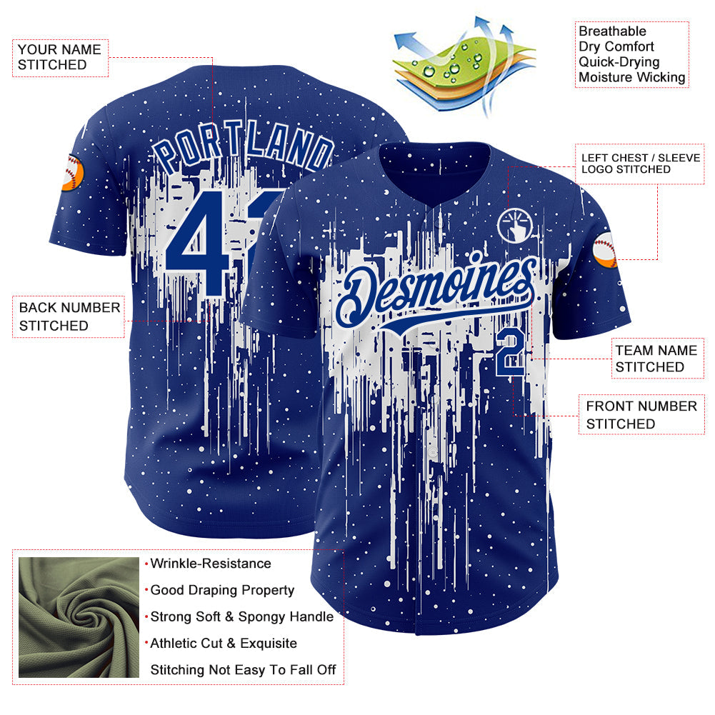 Custom Royal White 3D Pattern Design Dripping Splatter Art Authentic Baseball Jersey baseball jersey product view 3