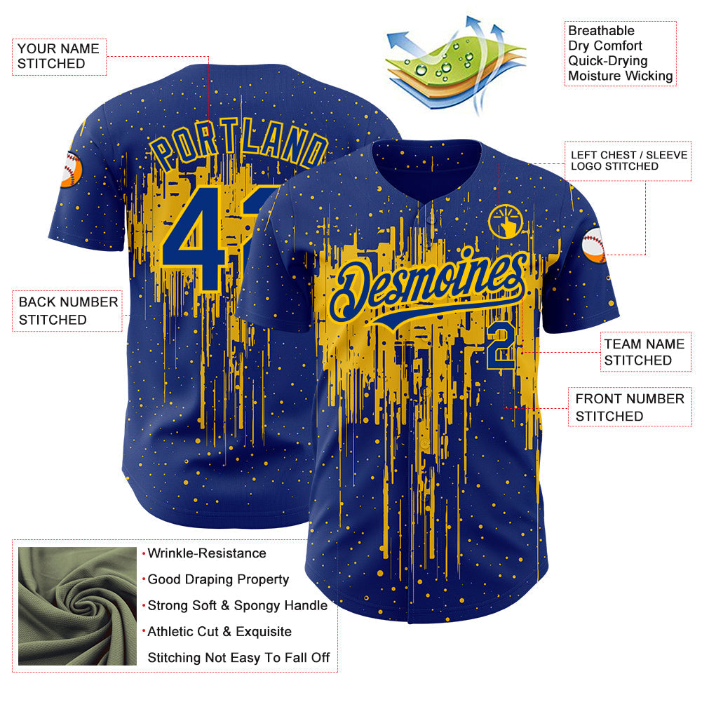 Custom Royal Yellow 3D Pattern Design Dripping Splatter Art Authentic Baseball Jersey baseball jersey product view 3