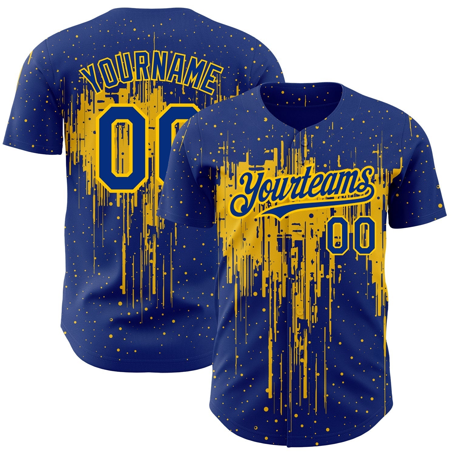 Custom Royal Yellow 3D Pattern Design Dripping Splatter Art Authentic Baseball Jersey baseball jersey product view 1