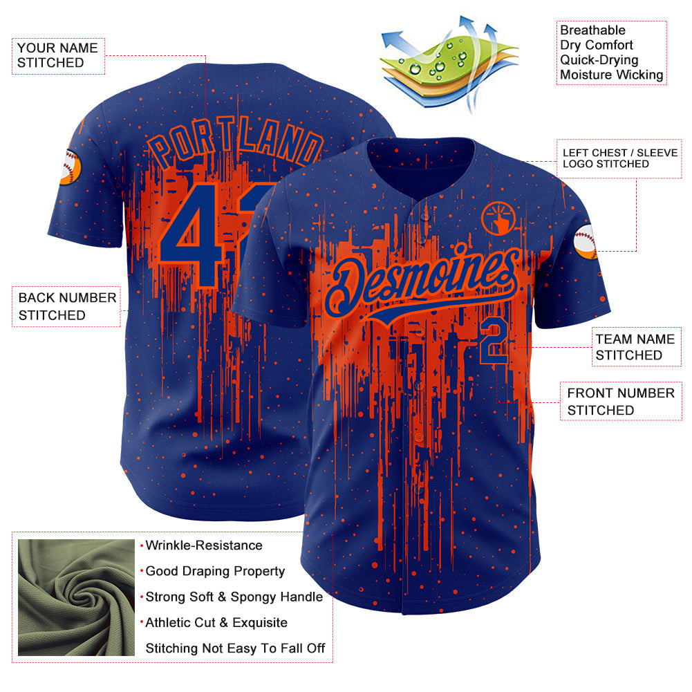 Custom Royal Orange 3D Pattern Design Dripping Splatter Art Authentic Baseball Jersey baseball jersey product view 3