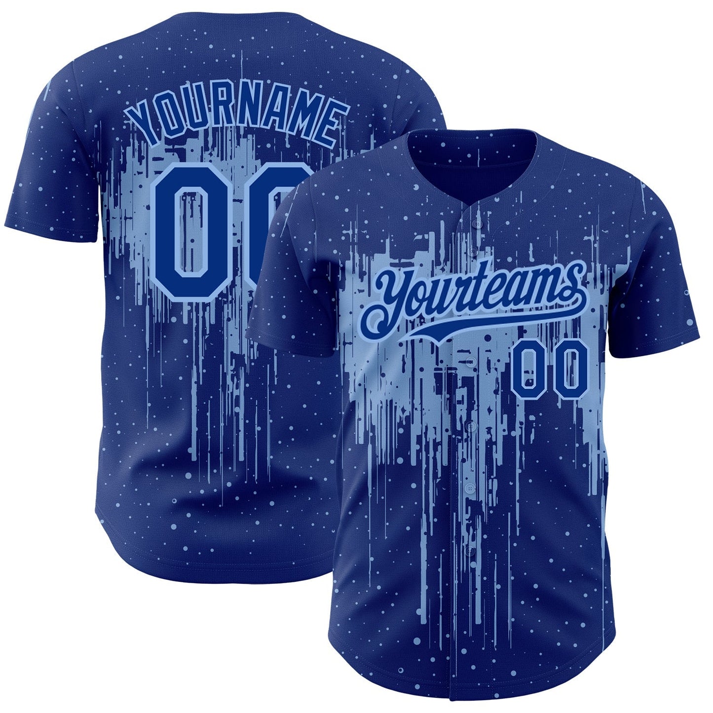 Custom Royal Light Blue 3D Pattern Design Dripping Splatter Art Authentic Baseball Jersey baseball jersey product view 1