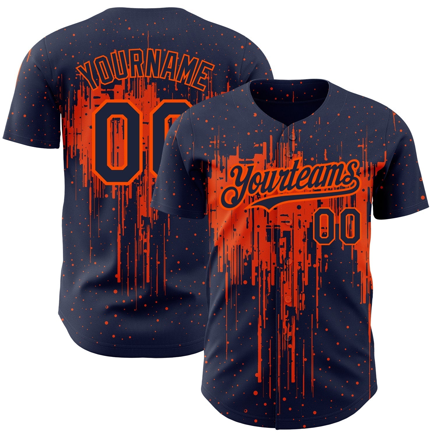 Custom Navy Orange 3D Pattern Design Dripping Splatter Art Authentic Baseball Jersey baseball jersey product view 1