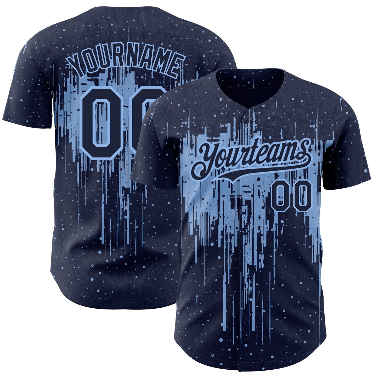 Custom Navy Light Blue 3D Pattern Design Dripping Splatter Art Authentic Baseball Jersey baseball jersey product view 1