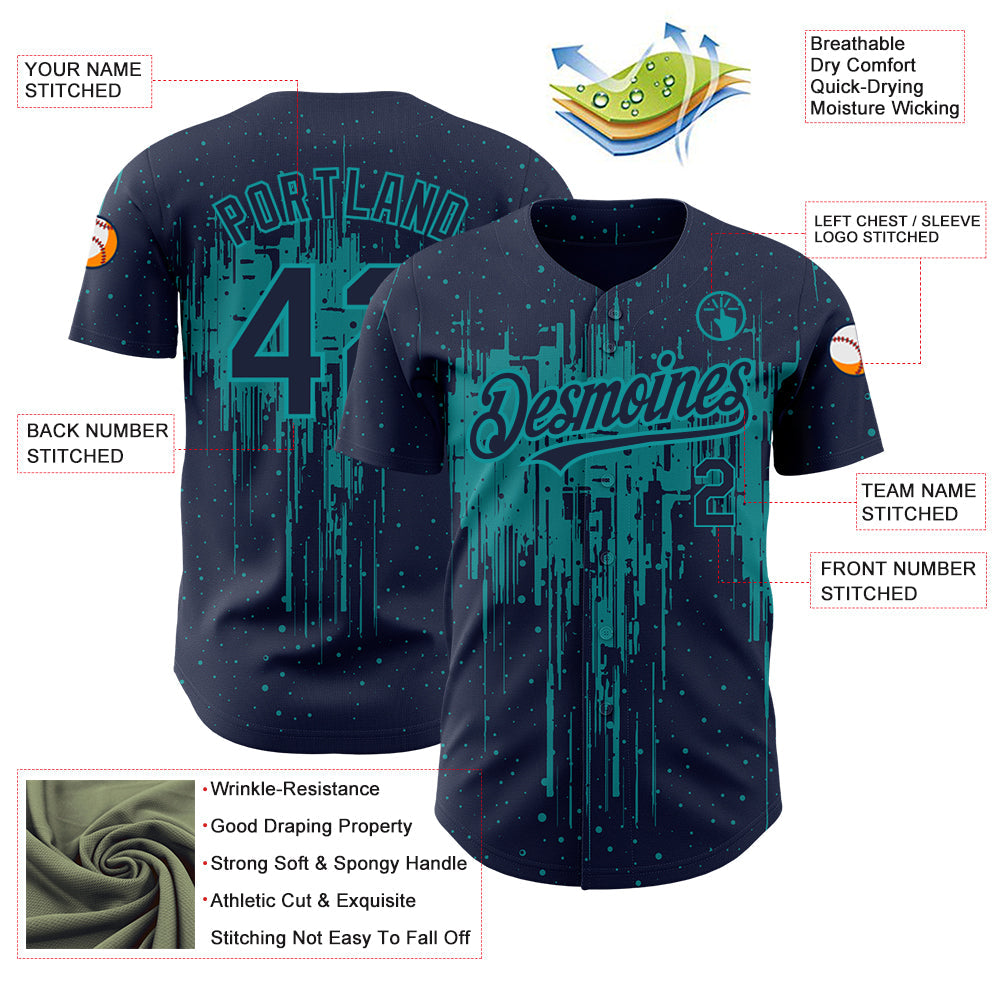 Custom Navy Teal 3D Pattern Design Dripping Splatter Art Authentic Baseball Jersey baseball jersey product view 3