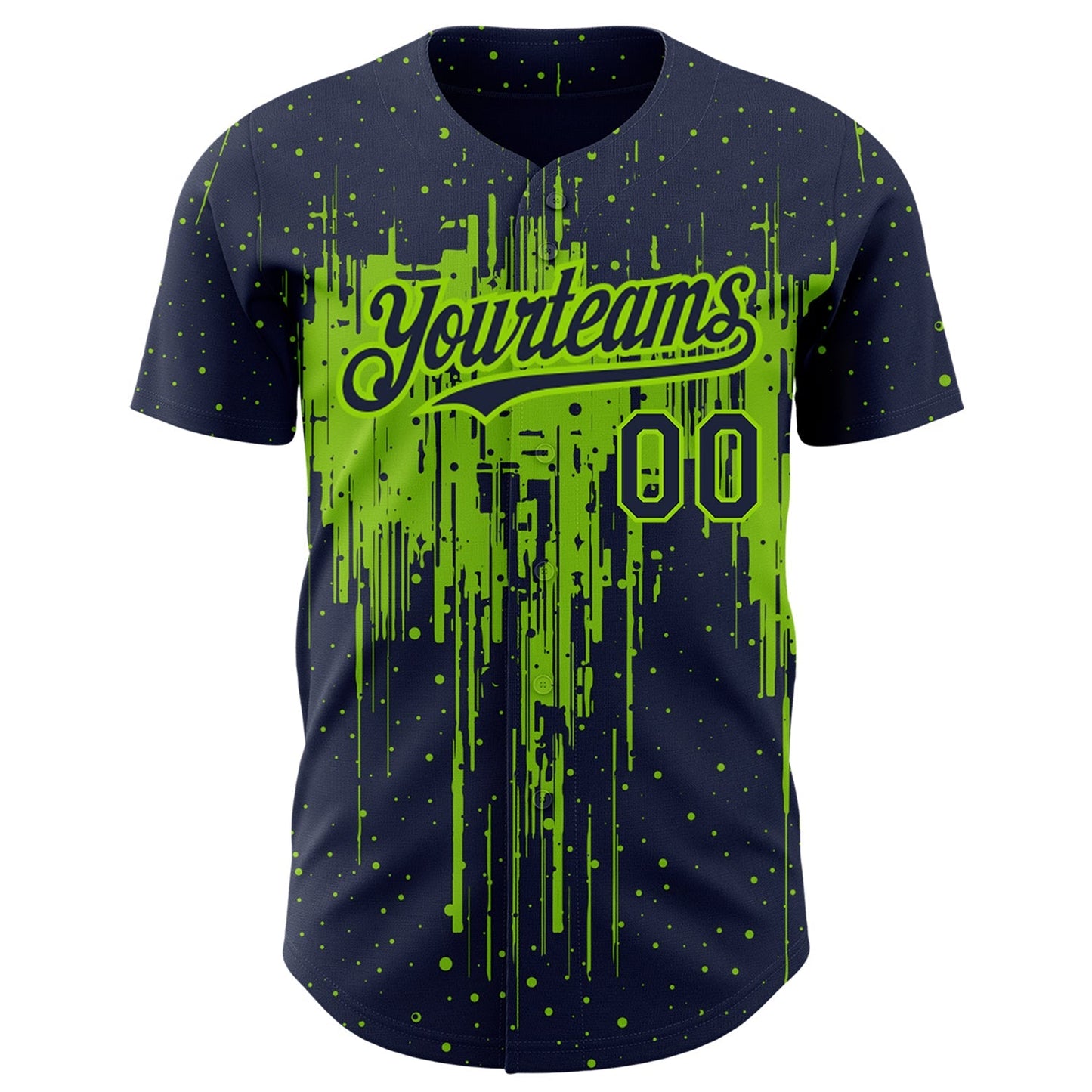 Custom Navy Neon Green 3D Pattern Design Dripping Splatter Art Authentic Baseball Jersey baseball jersey product view 2