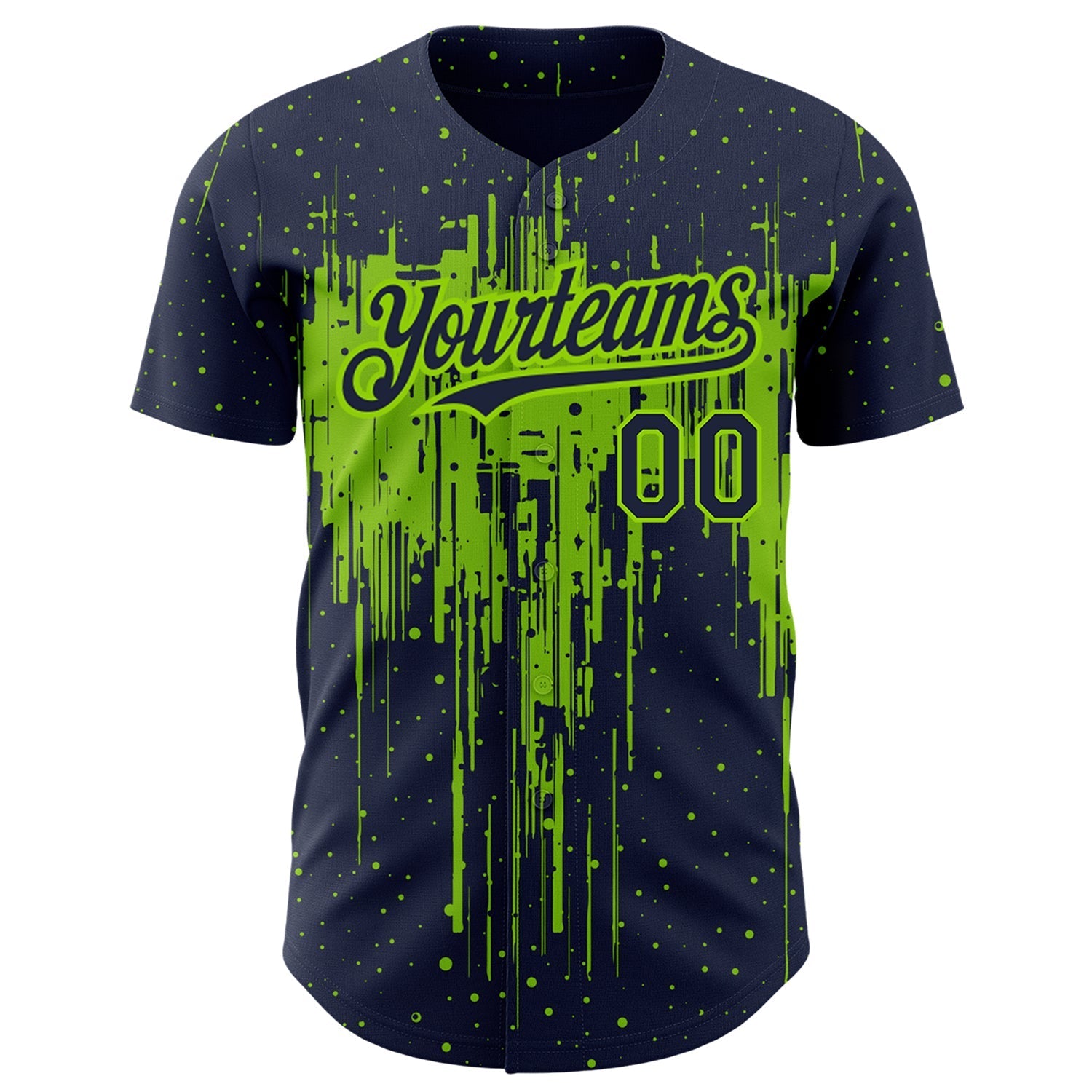 Custom Navy Neon Green 3D Pattern Design Dripping Splatter Art Authentic Baseball Jersey baseball jersey product view 2