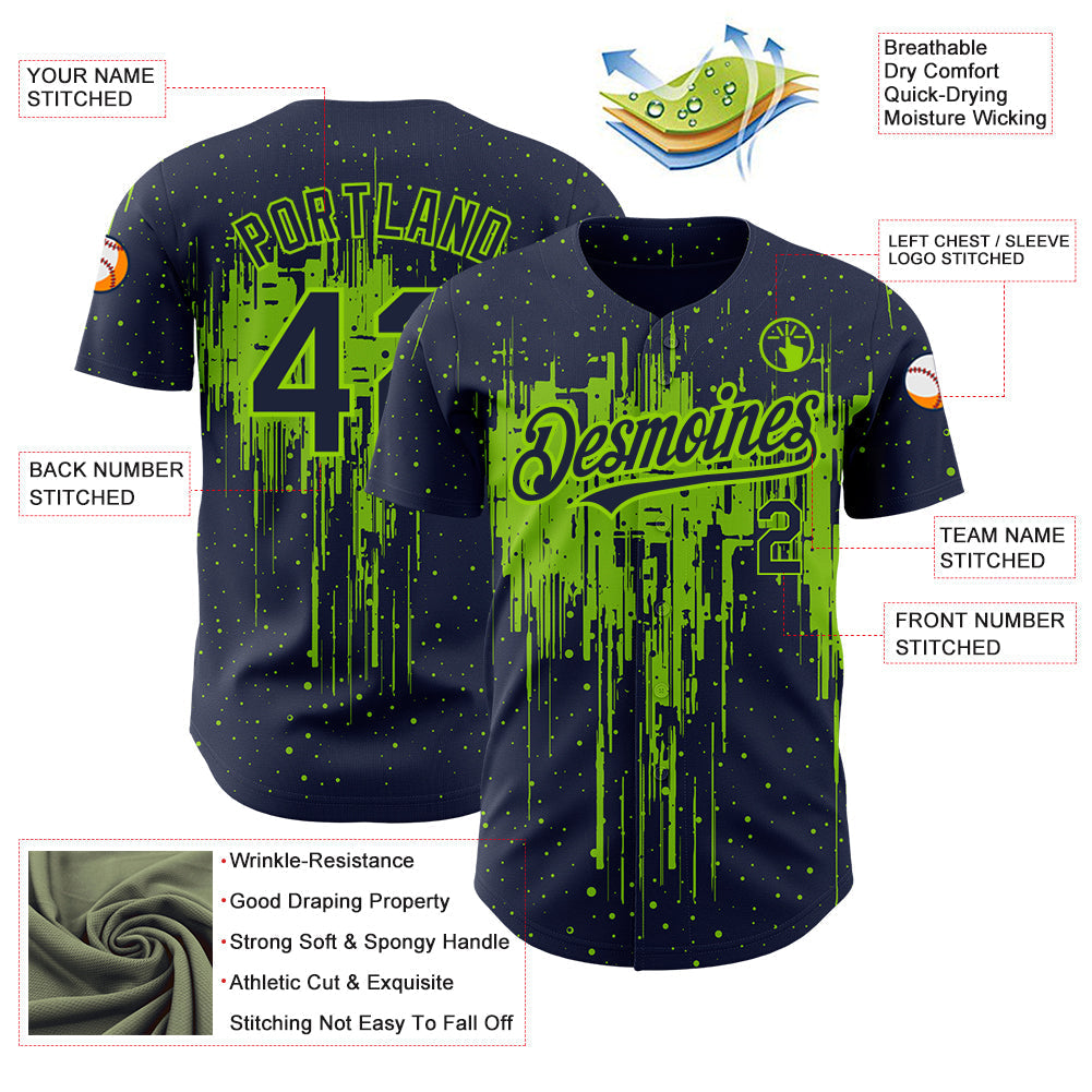 Custom Navy Neon Green 3D Pattern Design Dripping Splatter Art Authentic Baseball Jersey baseball jersey product view 3