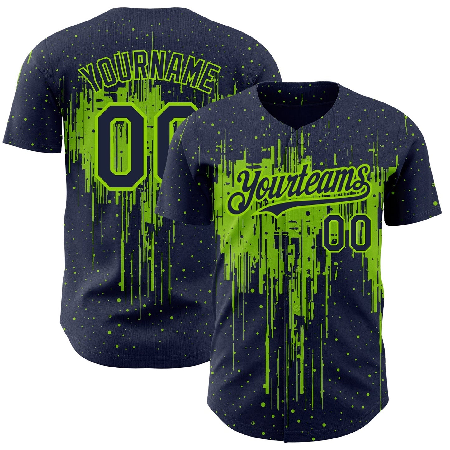 Custom Navy Neon Green 3D Pattern Design Dripping Splatter Art Authentic Baseball Jersey baseball jersey product view 1