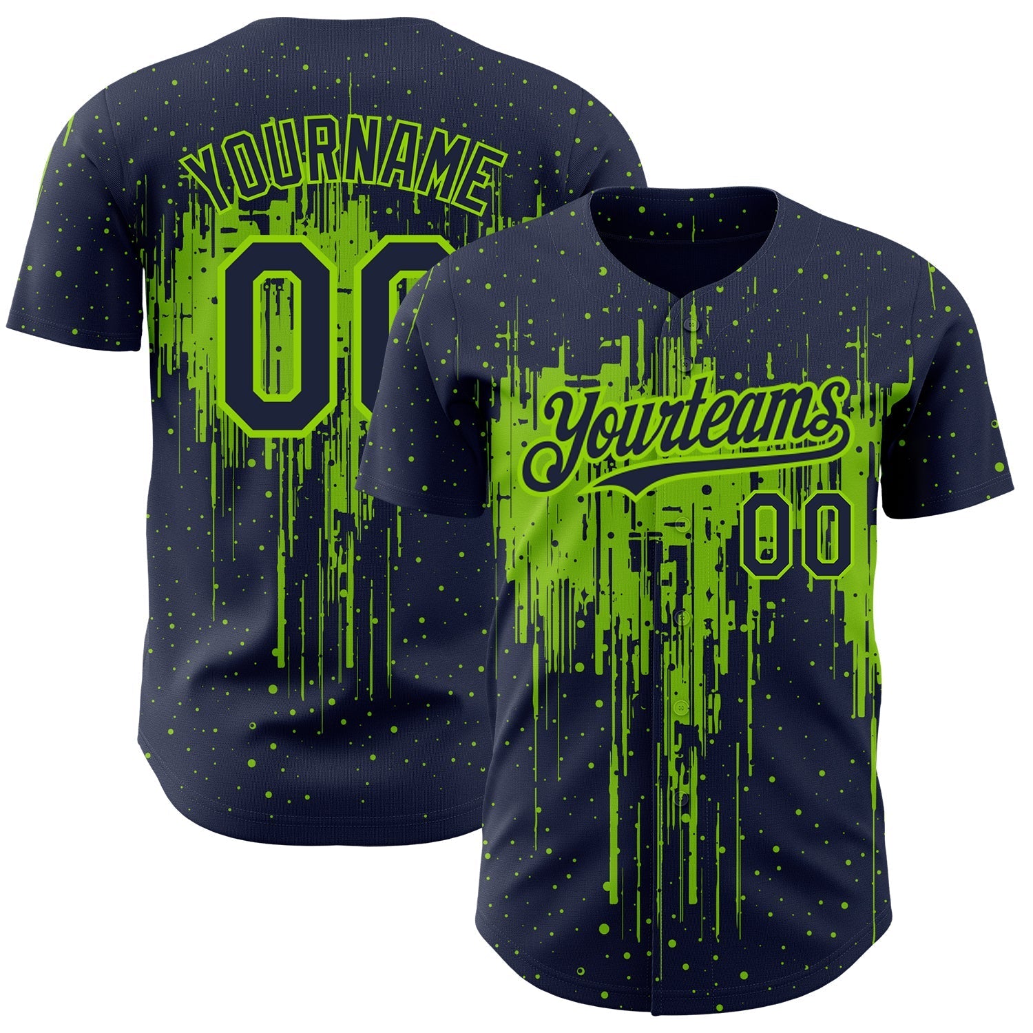 Custom Navy Neon Green 3D Pattern Design Dripping Splatter Art Authentic Baseball Jersey baseball jersey product view 1