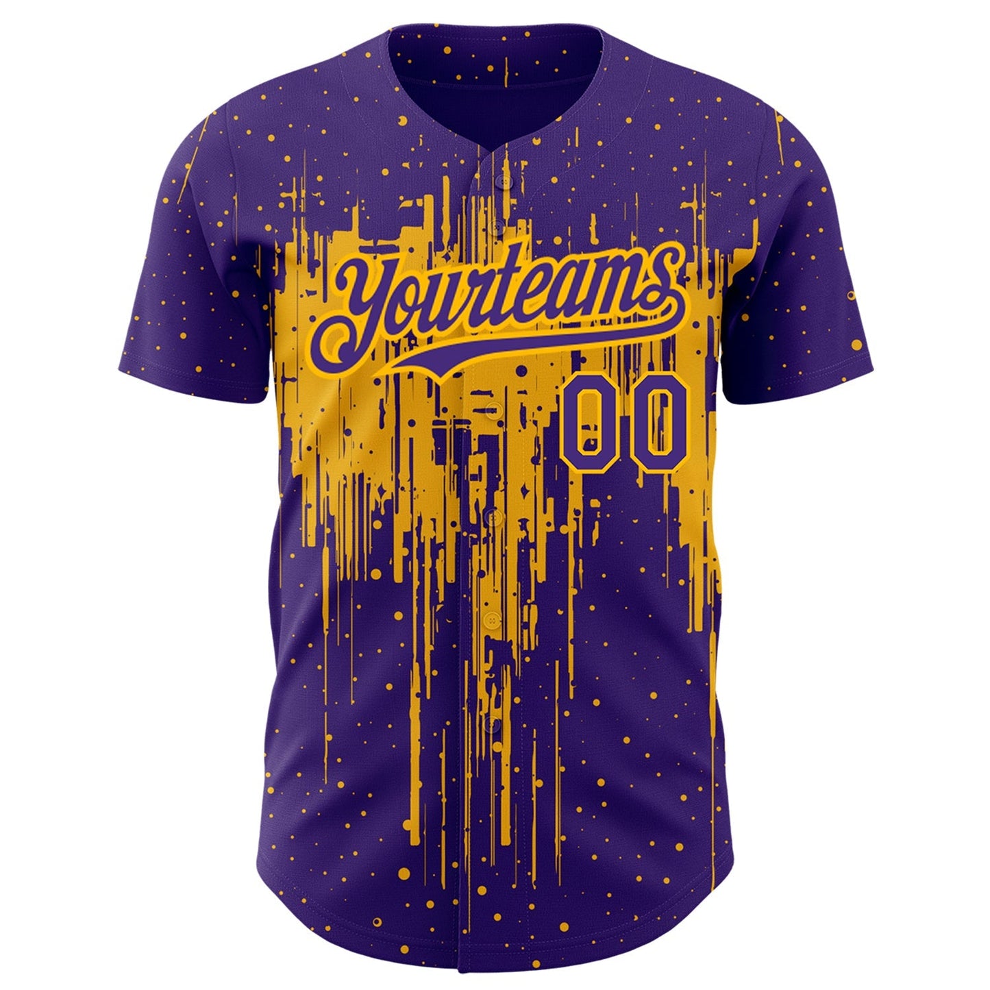 Custom Purple Gold 3D Pattern Design Dripping Splatter Art Authentic Baseball Jersey baseball jersey product view 2