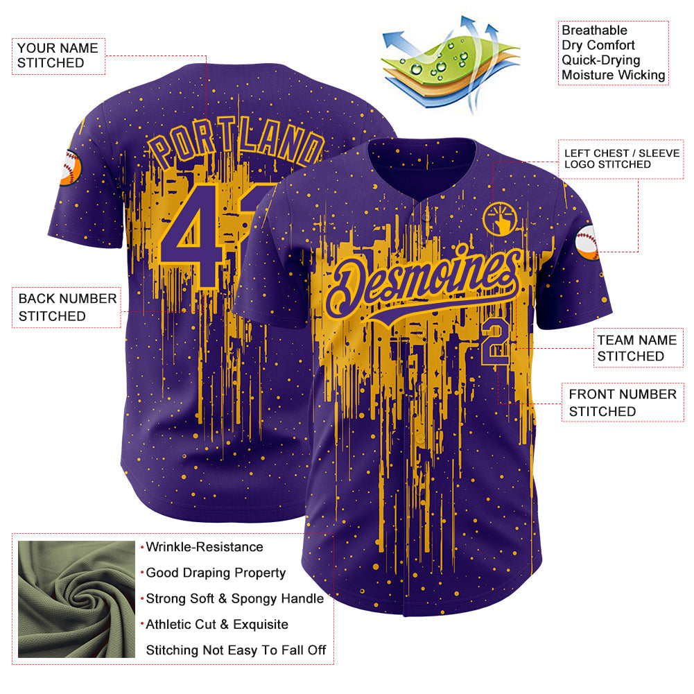 Custom Purple Gold 3D Pattern Design Dripping Splatter Art Authentic Baseball Jersey baseball jersey product view 3