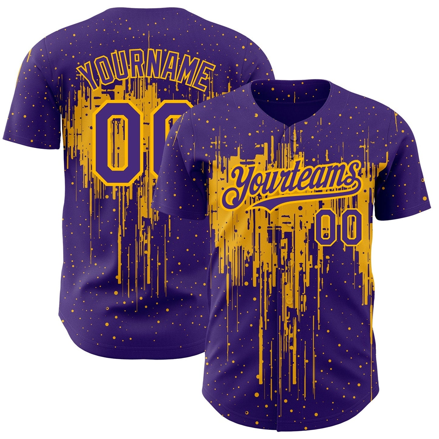 Custom Purple Gold 3D Pattern Design Dripping Splatter Art Authentic Baseball Jersey baseball jersey product view 1