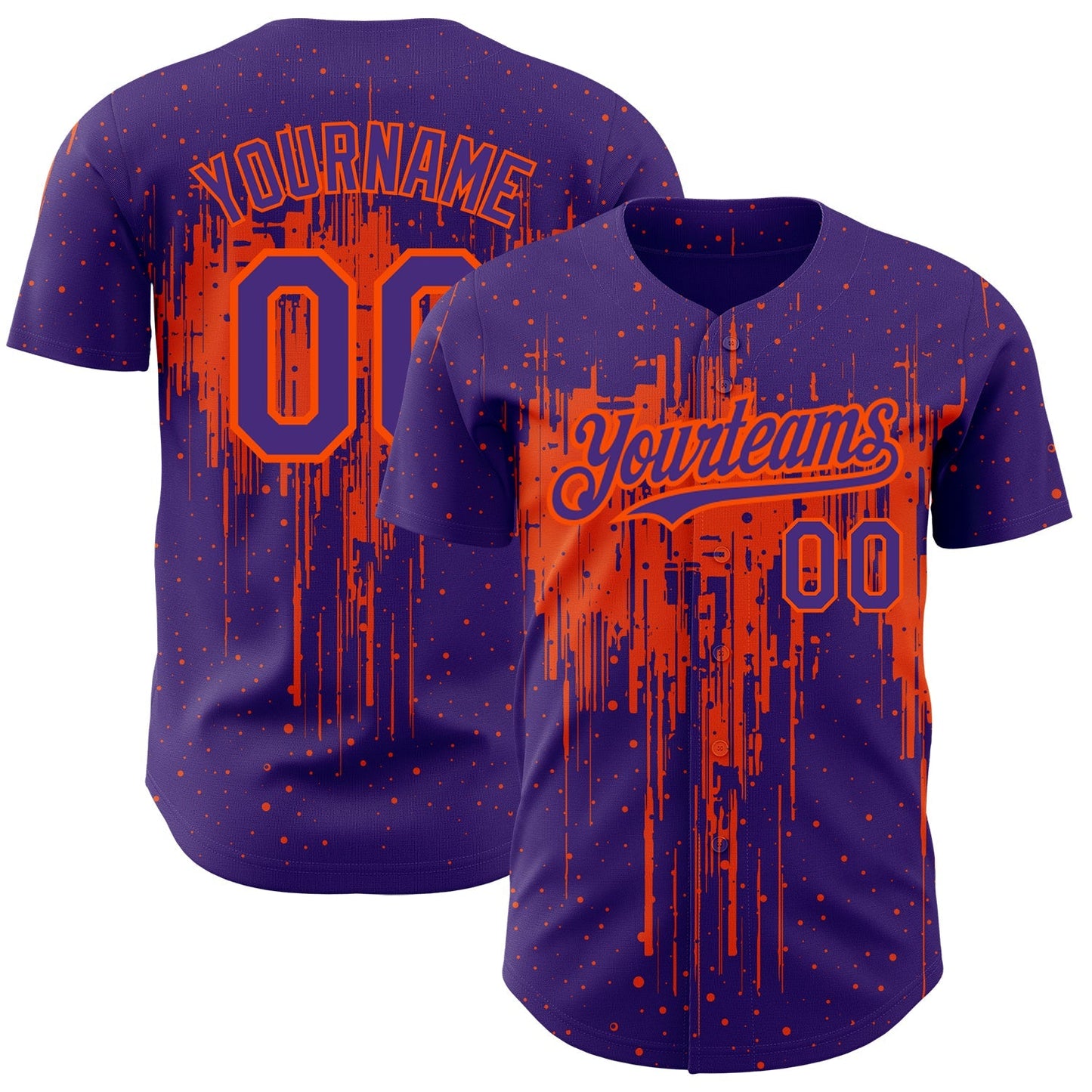 Custom Purple Orange 3D Pattern Design Dripping Splatter Art Authentic Baseball Jersey baseball jersey product view 1