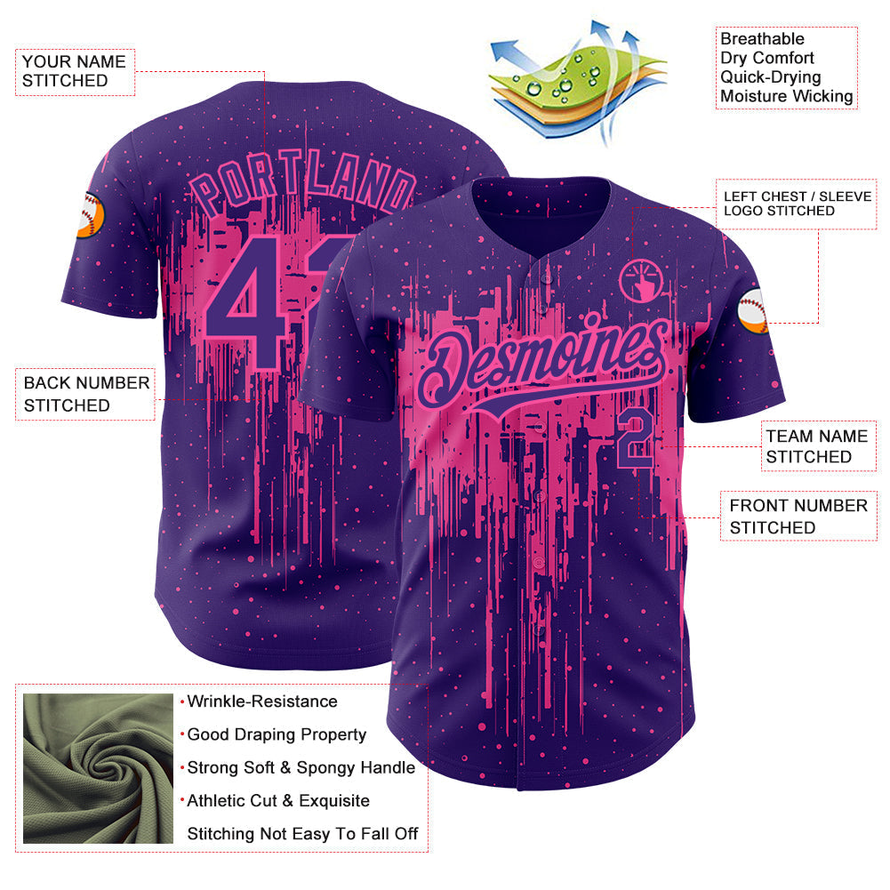 Custom Purple Pink 3D Pattern Design Dripping Splatter Art Authentic Baseball Jersey baseball jersey product view 3