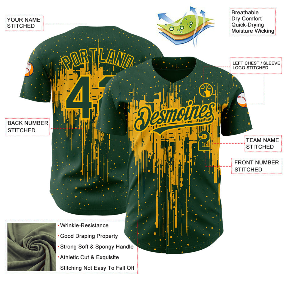 Custom Green Gold 3D Pattern Design Dripping Splatter Art Authentic Baseball Jersey baseball jersey product view 3