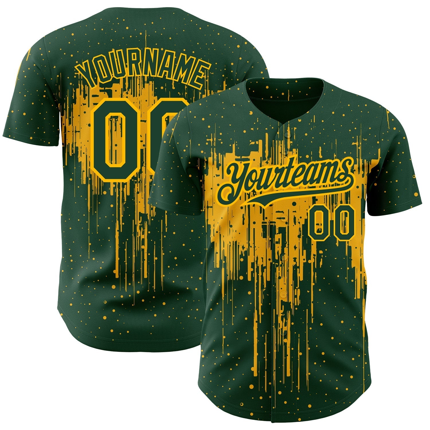Custom Green Gold 3D Pattern Design Dripping Splatter Art Authentic Baseball Jersey baseball jersey product view 1