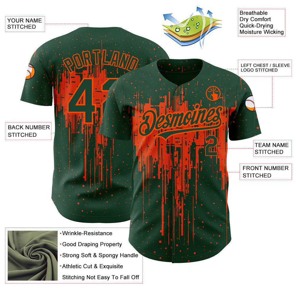 Custom Green Orange 3D Pattern Design Dripping Splatter Art Authentic Baseball Jersey baseball jersey product view 3