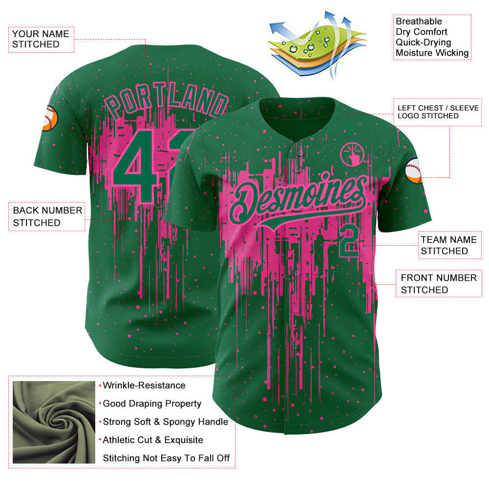 Custom Kelly Green Pink 3D Pattern Design Dripping Splatter Art Authentic Baseball Jersey baseball jersey product view 3