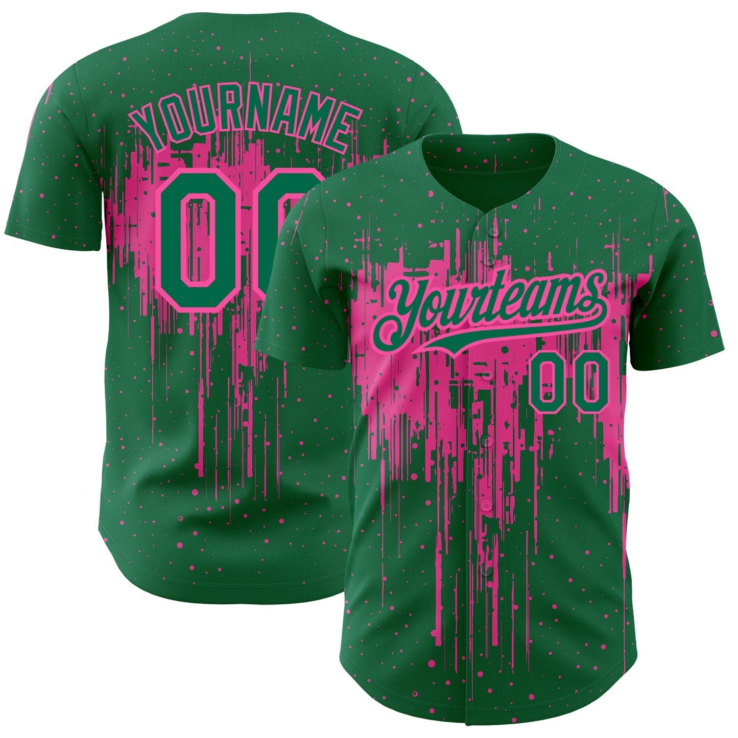 Custom Kelly Green Pink 3D Pattern Design Dripping Splatter Art Authentic Baseball Jersey baseball jersey product view 1