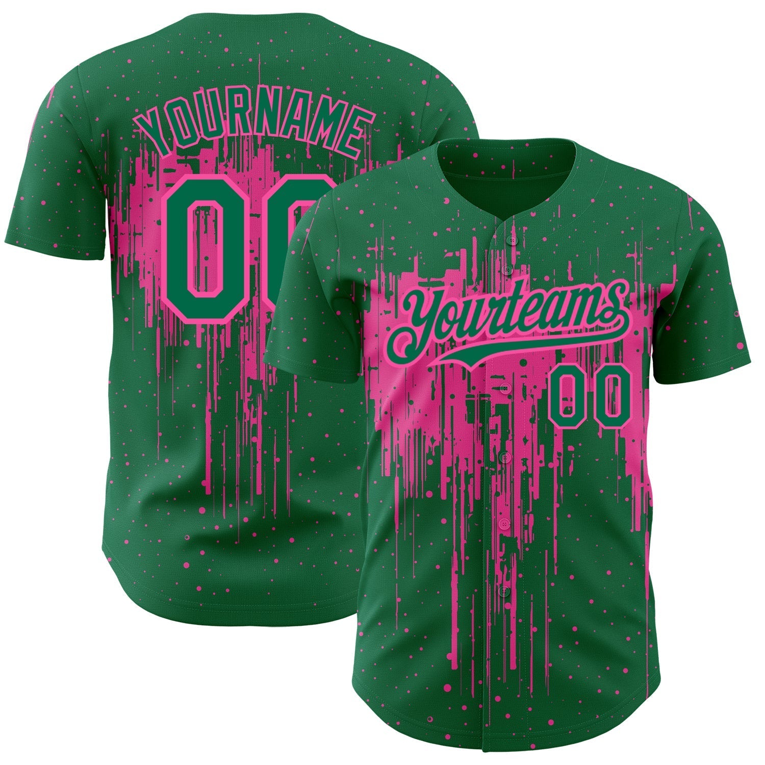 Custom Kelly Green Pink 3D Pattern Design Dripping Splatter Art Authentic Baseball Jersey baseball jersey product view 1
