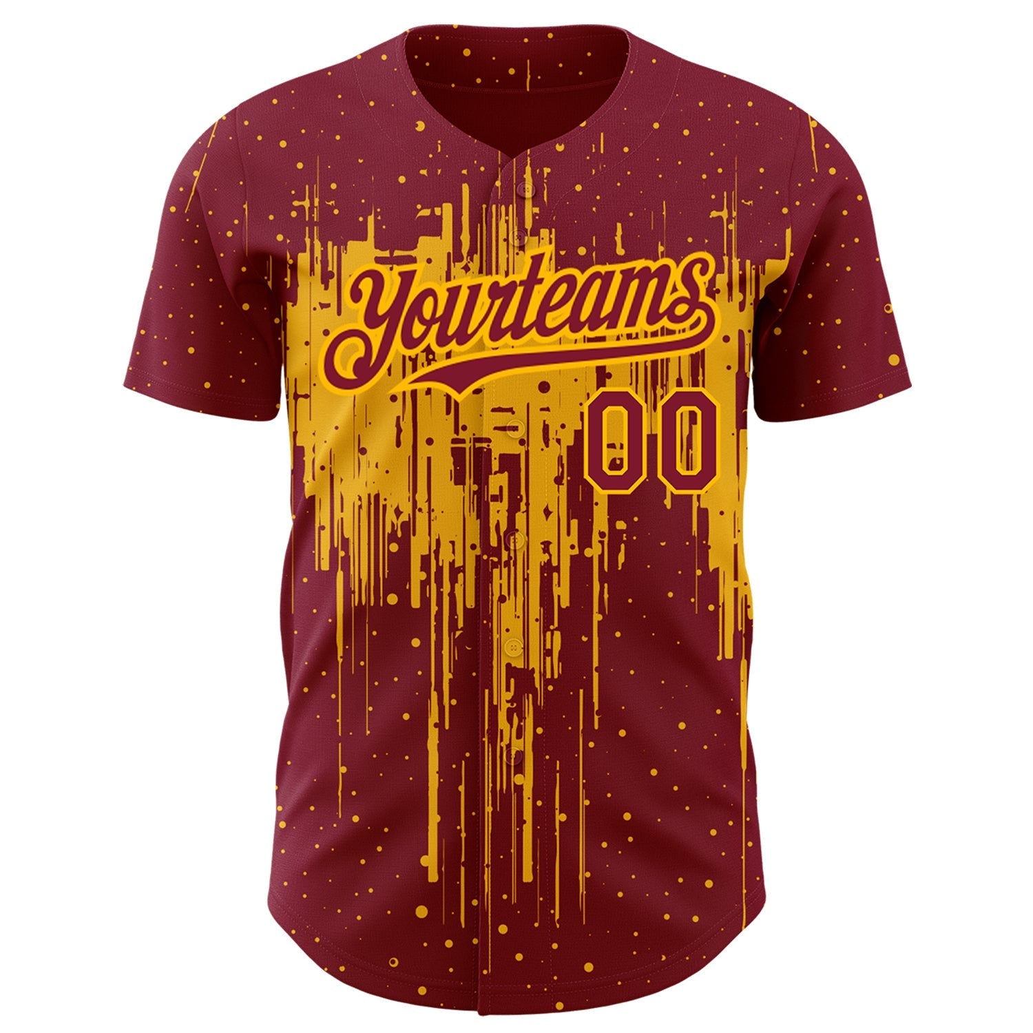 Custom Crimson Gold 3D Pattern Design Dripping Splatter Art Authentic Baseball Jersey baseball jersey product view 2