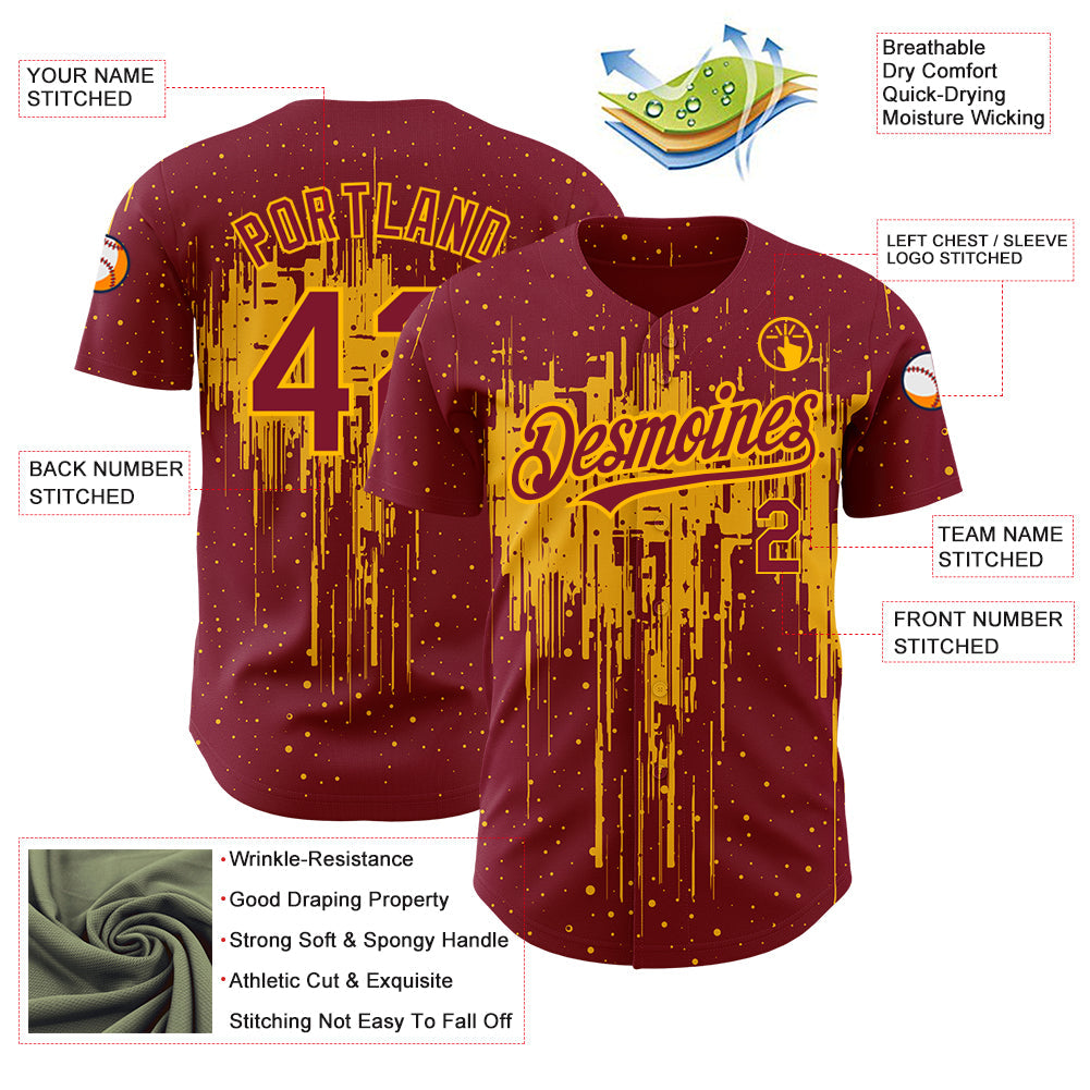 Custom Crimson Gold 3D Pattern Design Dripping Splatter Art Authentic Baseball Jersey baseball jersey product view 3