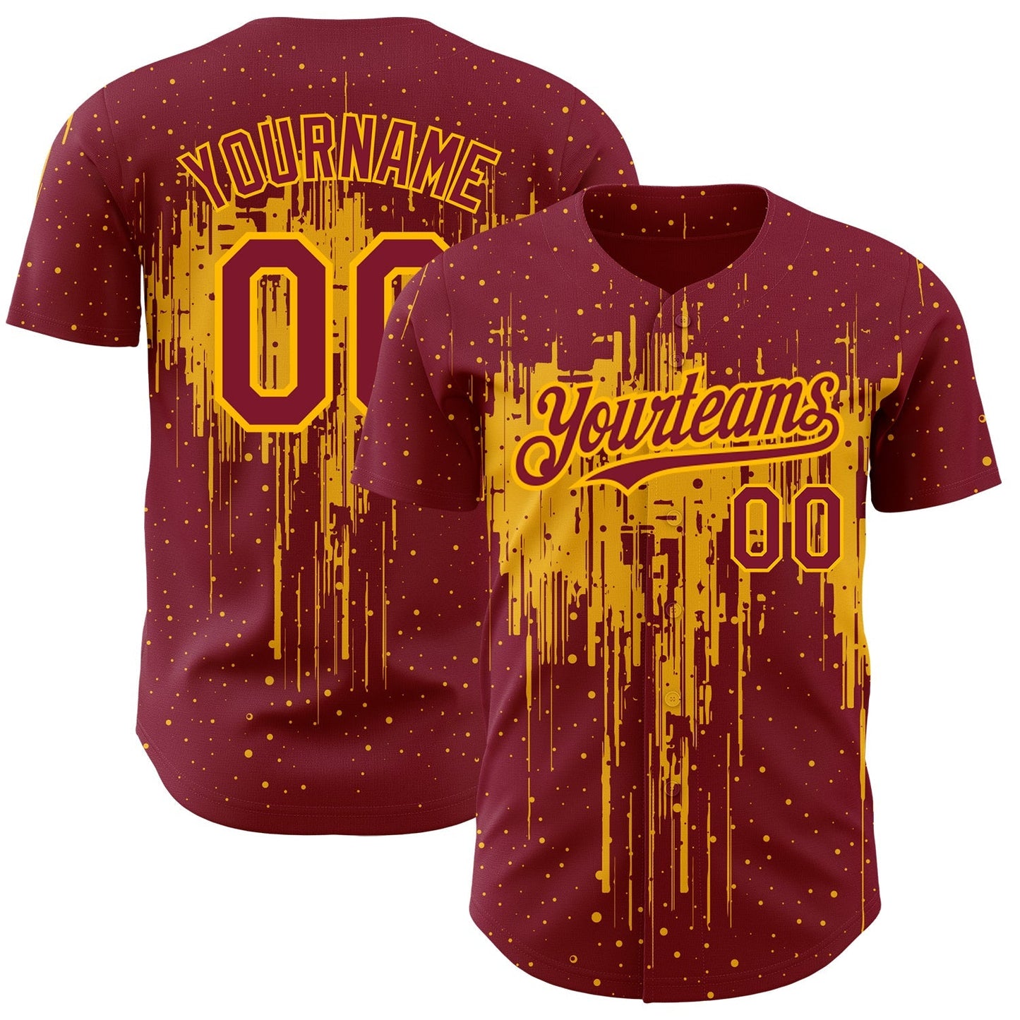 Custom Crimson Gold 3D Pattern Design Dripping Splatter Art Authentic Baseball Jersey baseball jersey product view 1