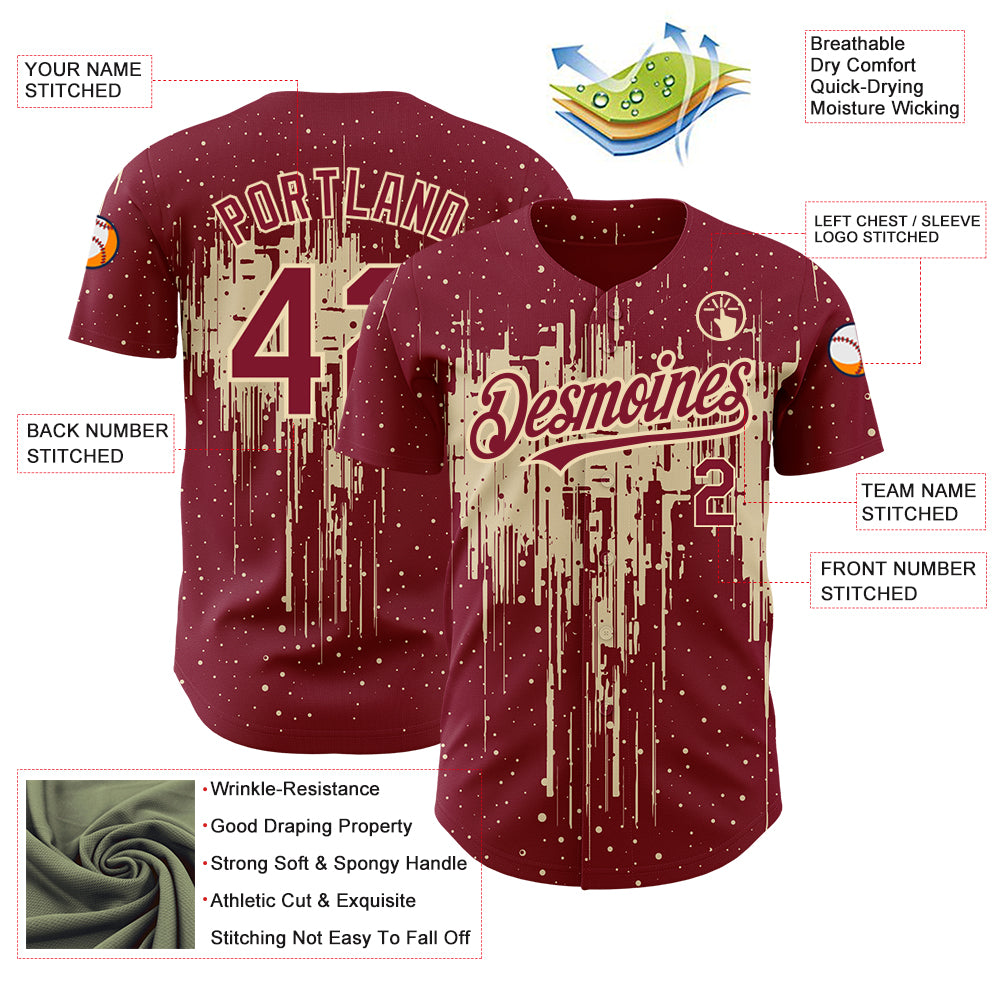 Custom Crimson City Cream 3D Pattern Design Dripping Splatter Art Authentic Baseball Jersey baseball jersey product view 3