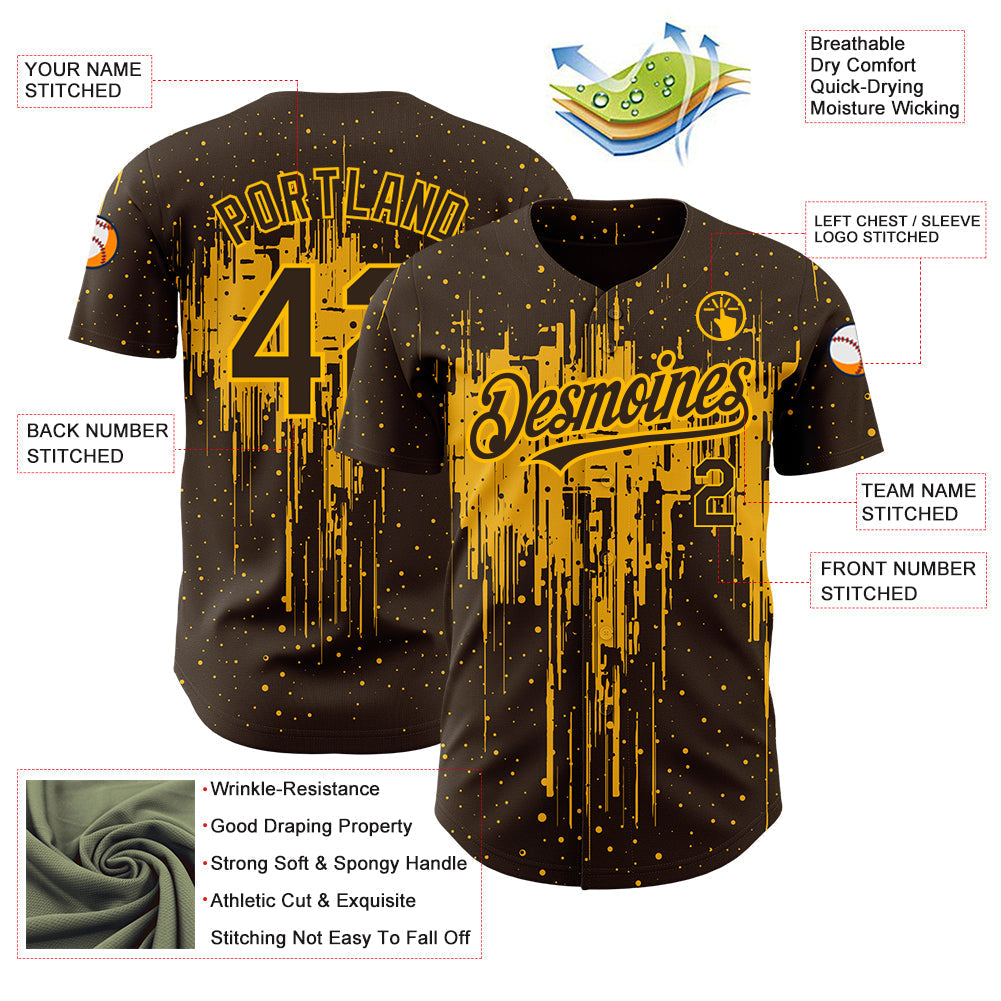 Custom Brown Gold 3D Pattern Design Dripping Splatter Art Authentic Baseball Jersey baseball jersey product view 3