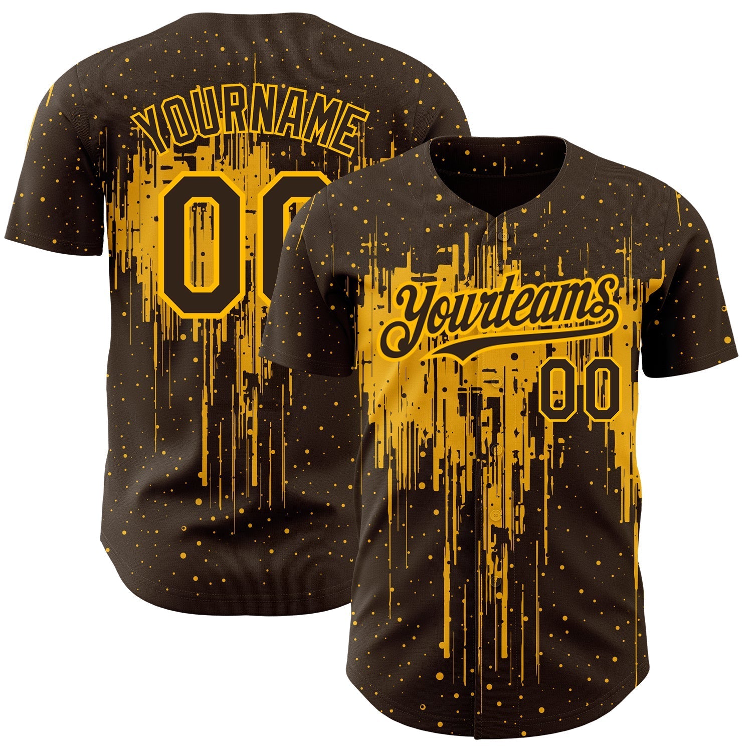 Custom Brown Gold 3D Pattern Design Dripping Splatter Art Authentic Baseball Jersey baseball jersey product view 1