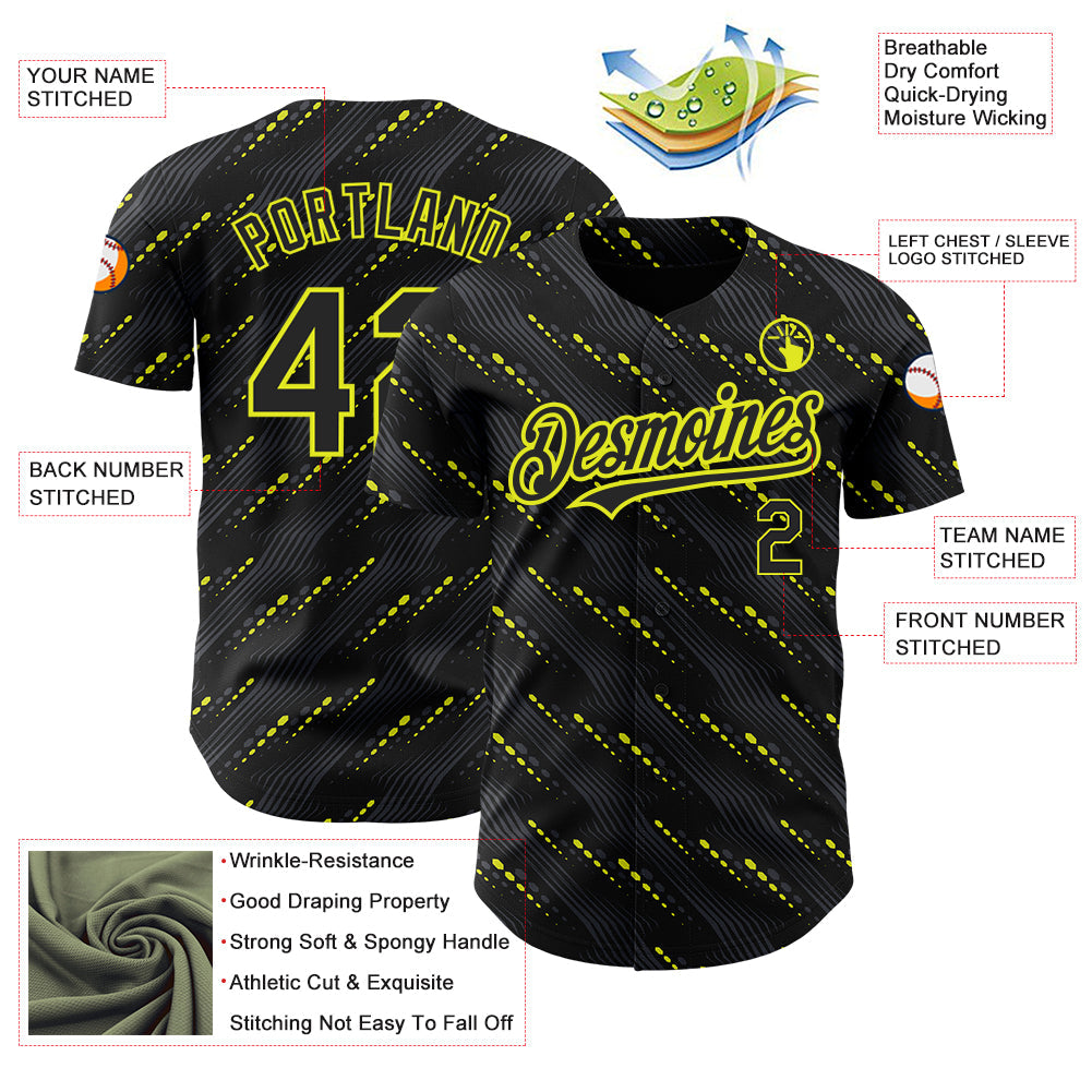 Custom Black Neon Yellow 3D Pattern Design Slant Lines Authentic Baseball Jersey baseball jersey product view 3