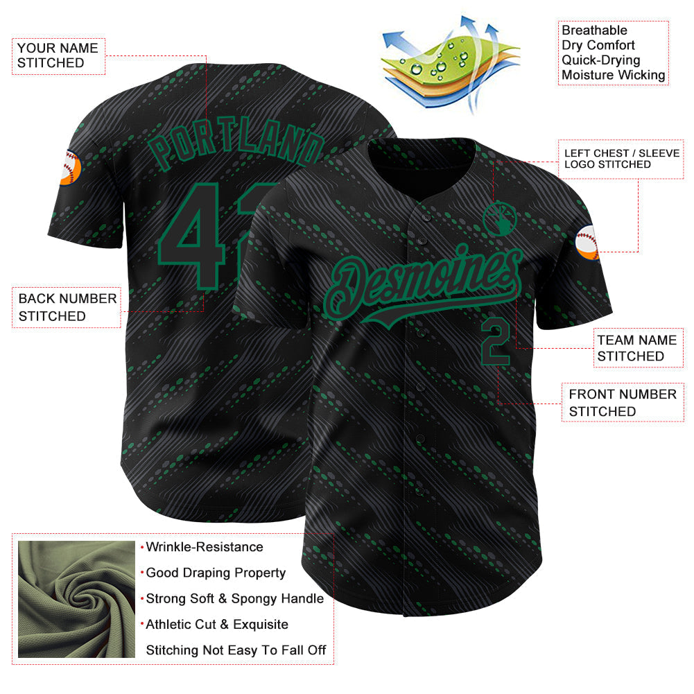 Custom Black Kelly Green 3D Pattern Design Slant Lines Authentic Baseball Jersey baseball jersey product view 3