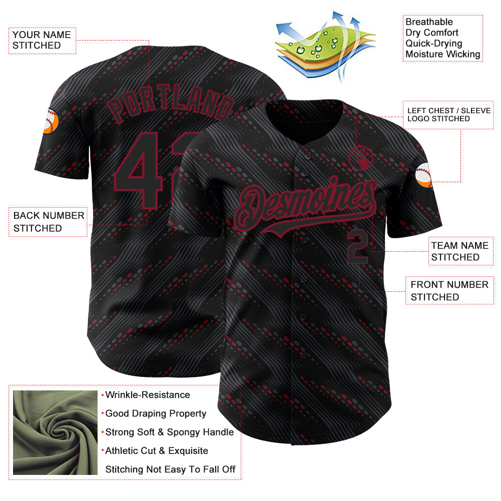 Custom Black Crimson 3D Pattern Design Slant Lines Authentic Baseball Jersey baseball jersey product view 3