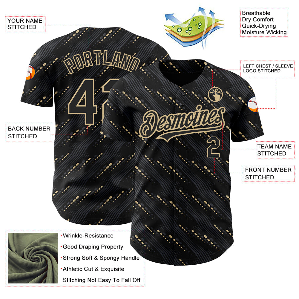 Custom Black Vegas Gold 3D Pattern Design Slant Lines Authentic Baseball Jersey baseball jersey product view 3