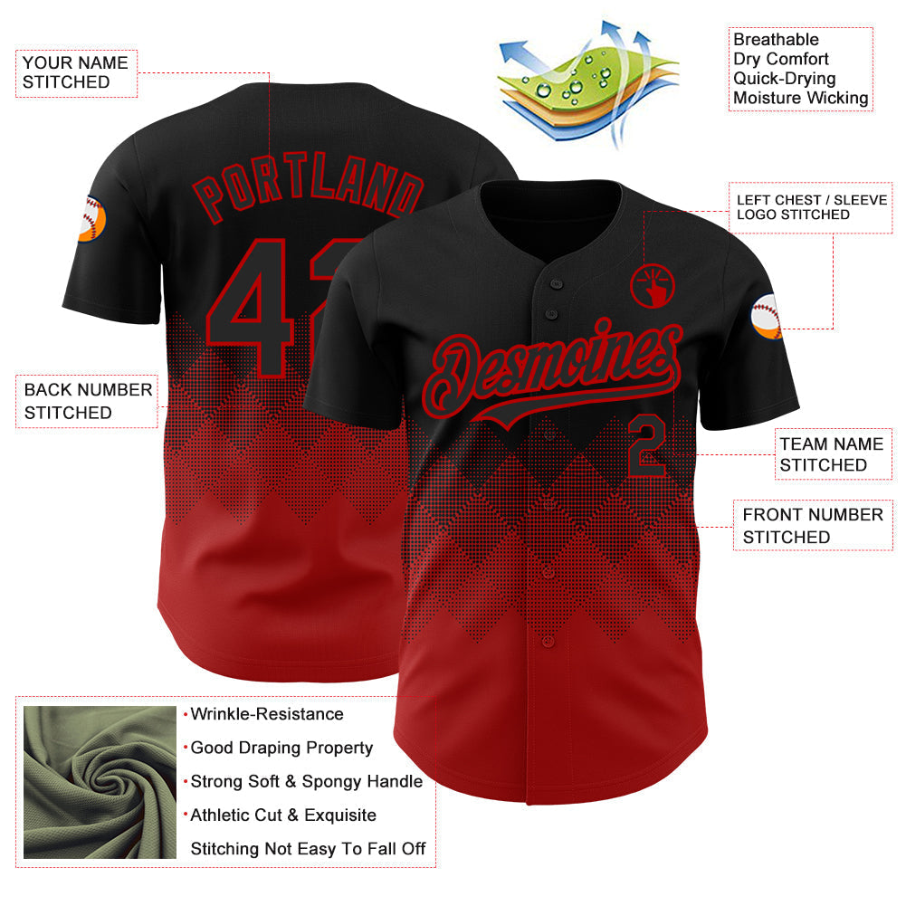 Custom Black Red 3D Pattern Design Gradient Square Shapes Authentic Baseball Jersey baseball jersey product view 3