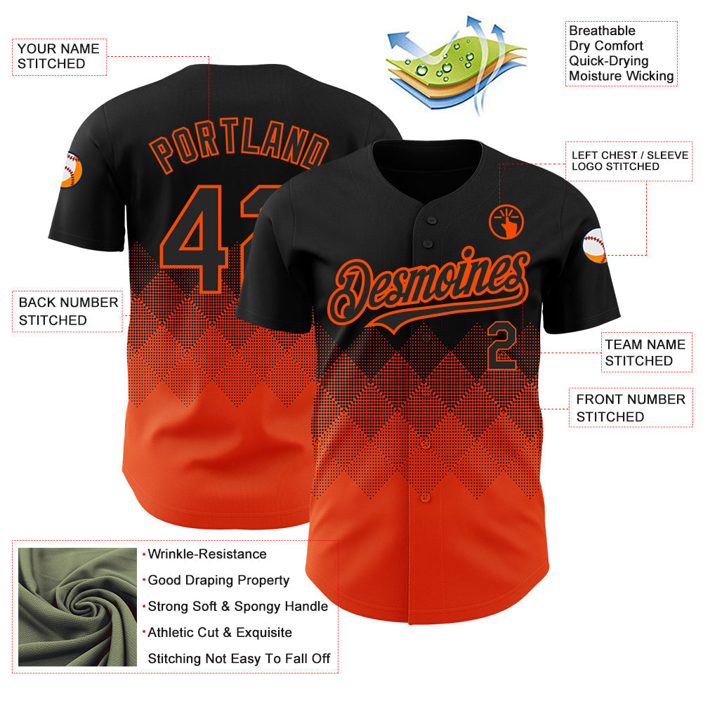 Custom Black Orange 3D Pattern Design Gradient Square Shapes Authentic Baseball Jersey baseball jersey product view 3