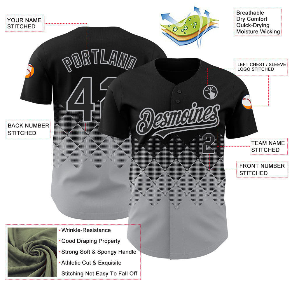 Custom Black Gray 3D Pattern Design Gradient Square Shapes Authentic Baseball Jersey baseball jersey product view 3