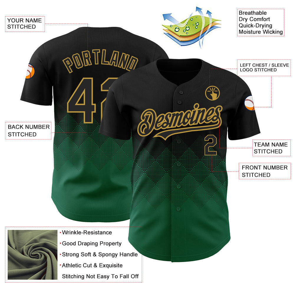 Custom Black Kelly Green-Old Gold 3D Pattern Design Gradient Square Shapes Authentic Baseball Jersey baseball jersey product view 3