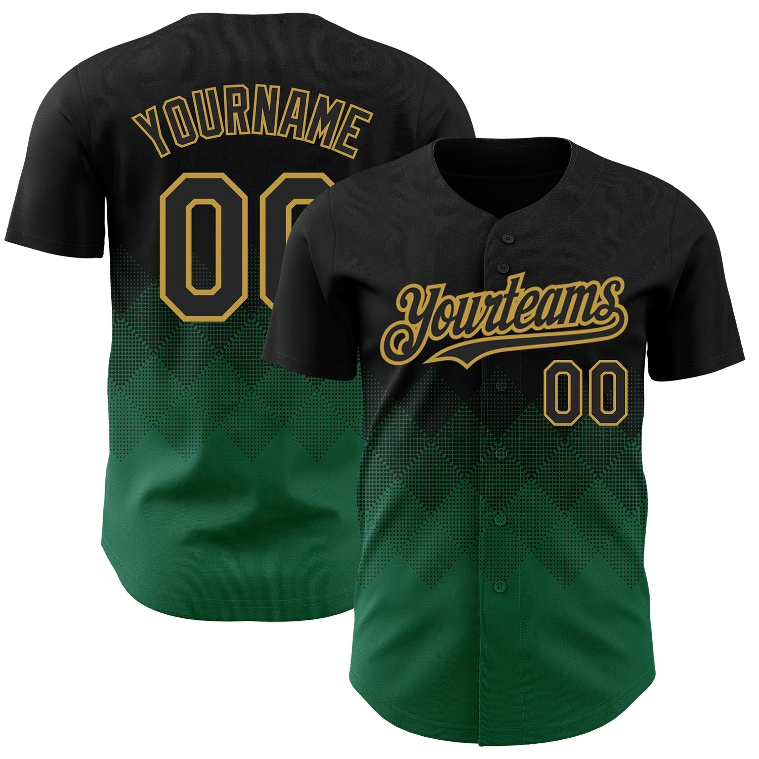 Custom Black Kelly Green-Old Gold 3D Pattern Design Gradient Square Shapes Authentic Baseball Jersey baseball jersey product view 1