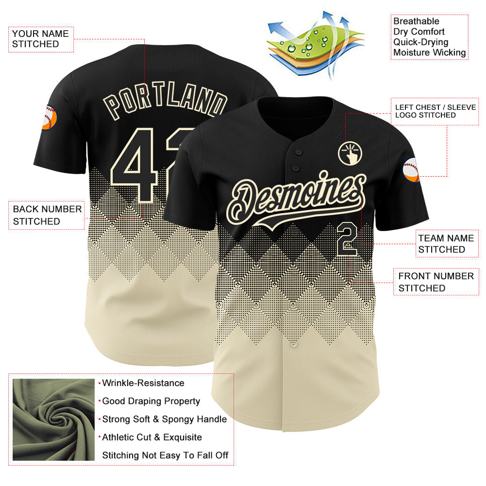 Custom Black Cream 3D Pattern Design Gradient Square Shapes Authentic Baseball Jersey baseball jersey product view 3