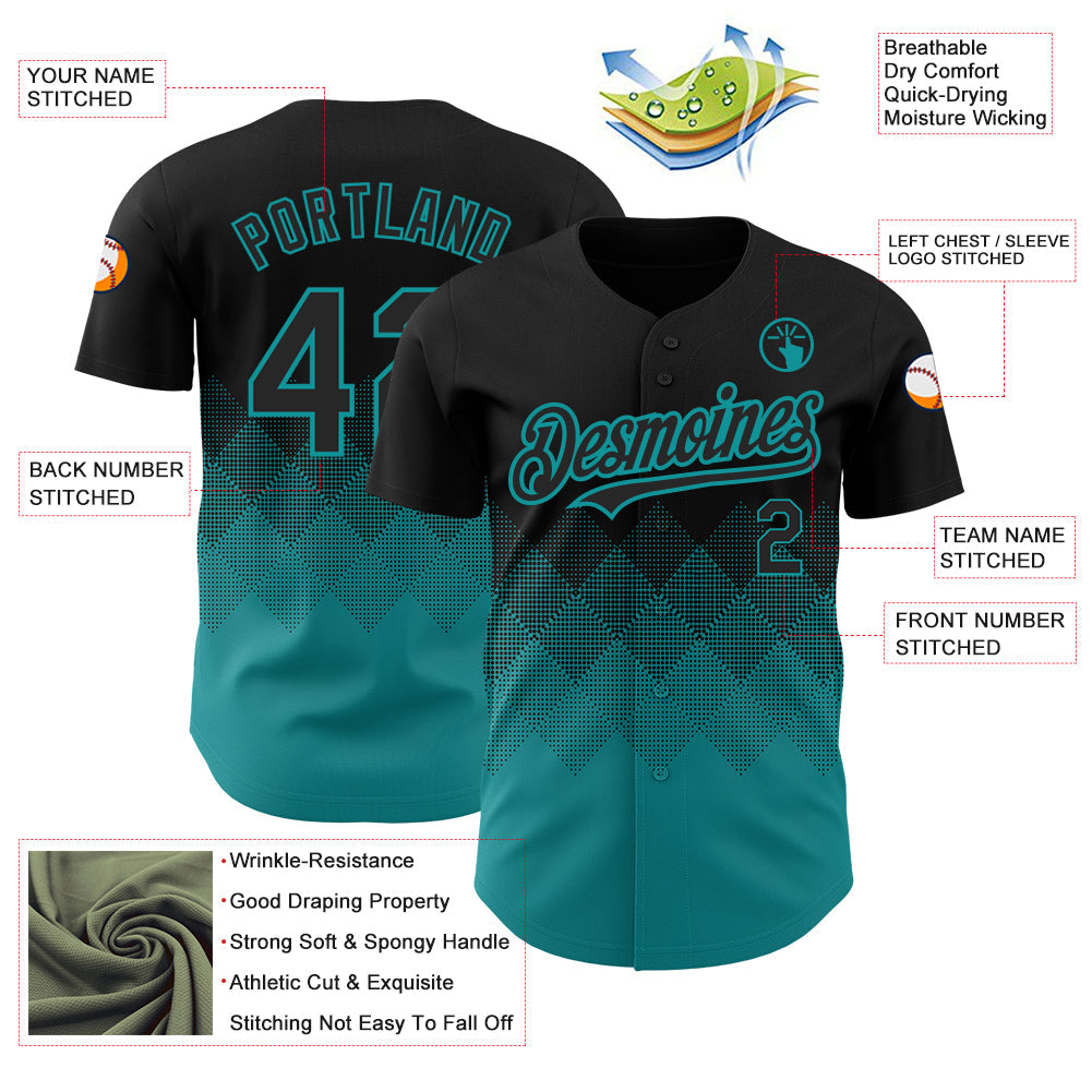 Custom Black Teal 3D Pattern Design Gradient Square Shapes Authentic Baseball Jersey baseball jersey product view 3