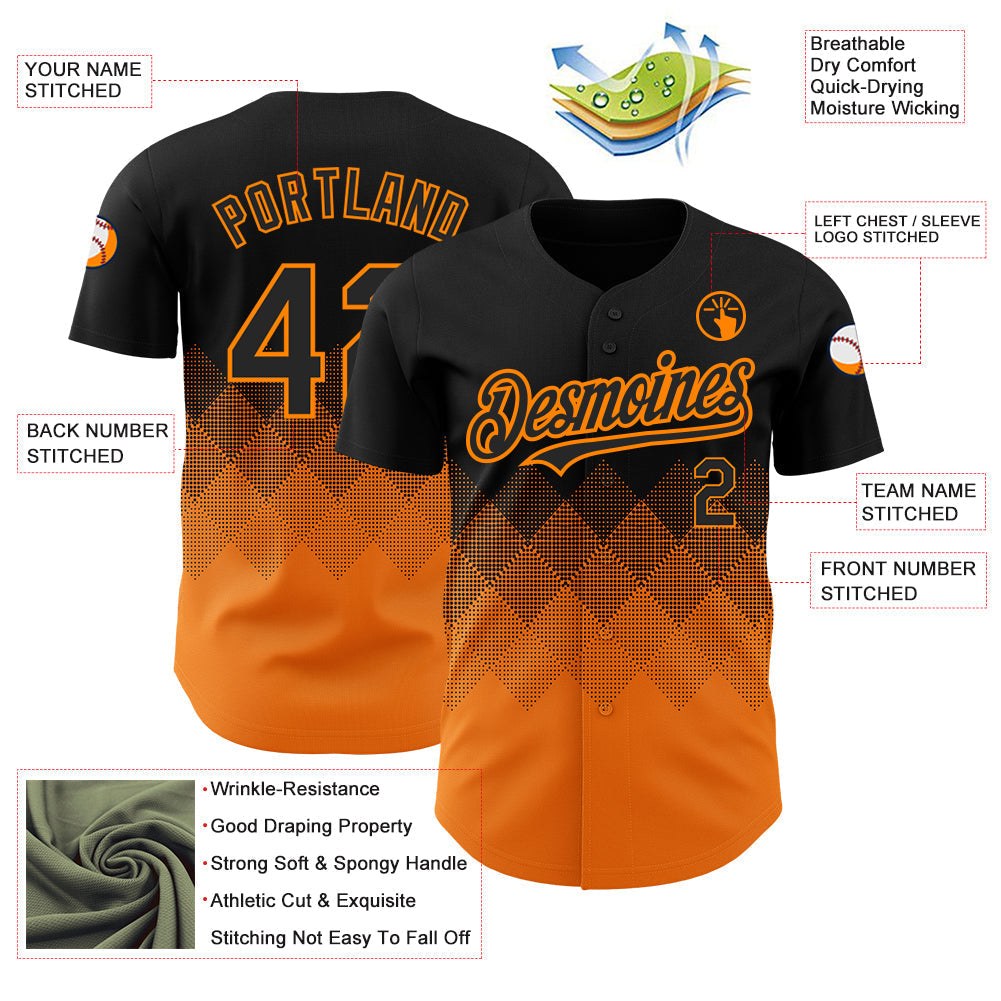 Custom Black Bay Orange 3D Pattern Design Gradient Square Shapes Authentic Baseball Jersey baseball jersey product view 3