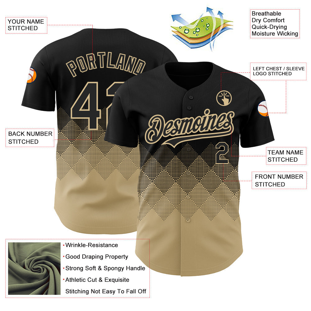Custom Black Vegas Gold 3D Pattern Design Gradient Square Shapes Authentic Baseball Jersey baseball jersey product view 4