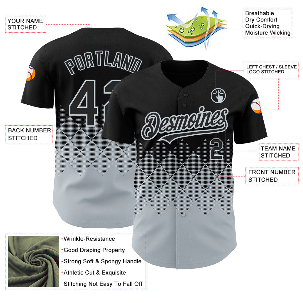 Custom Black Silver 3D Pattern Design Gradient Square Shapes Authentic Baseball Jersey baseball jersey product view 3
