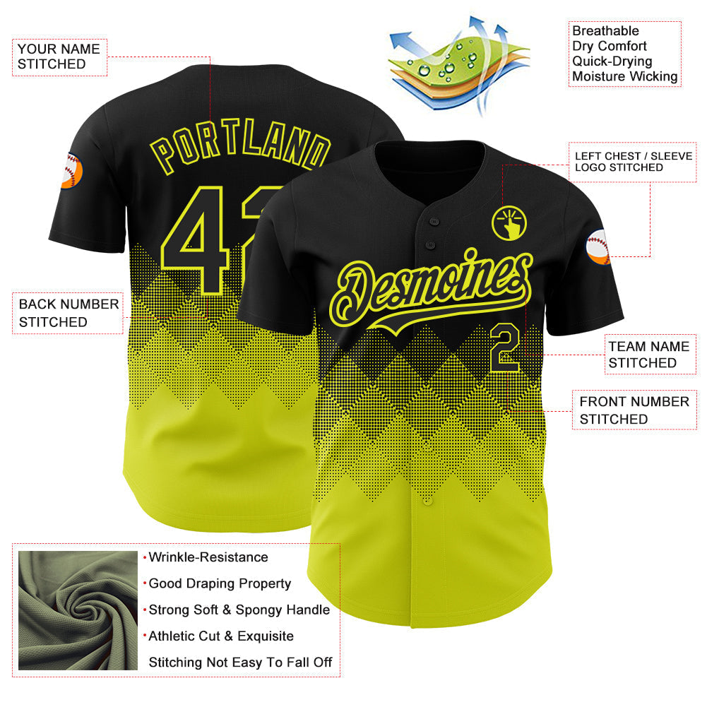Custom Black Neon Yellow 3D Pattern Design Gradient Square Shapes Authentic Baseball Jersey baseball jersey product view 3