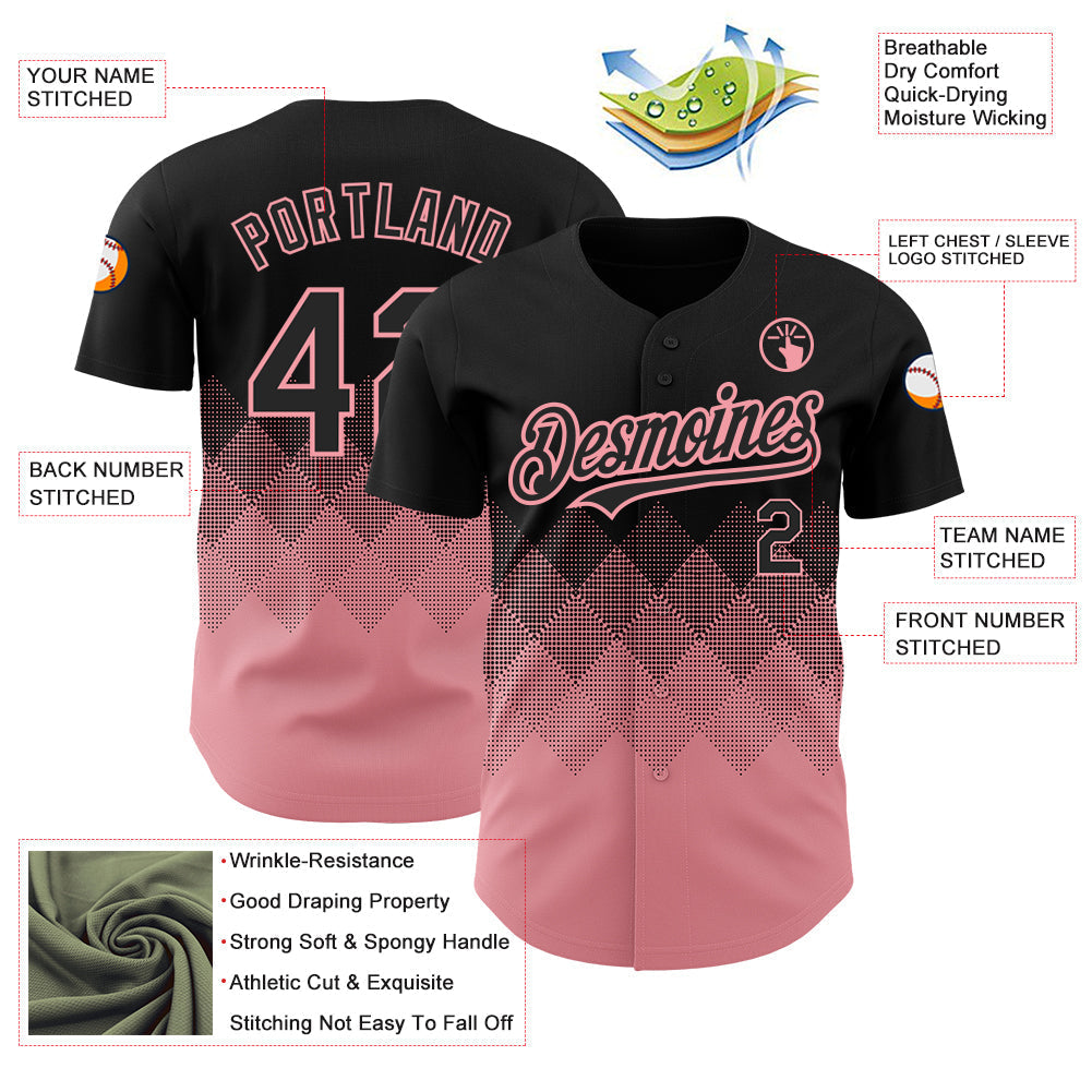 Custom Black Medium Pink 3D Pattern Design Gradient Square Shapes Authentic Baseball Jersey baseball jersey product view 3
