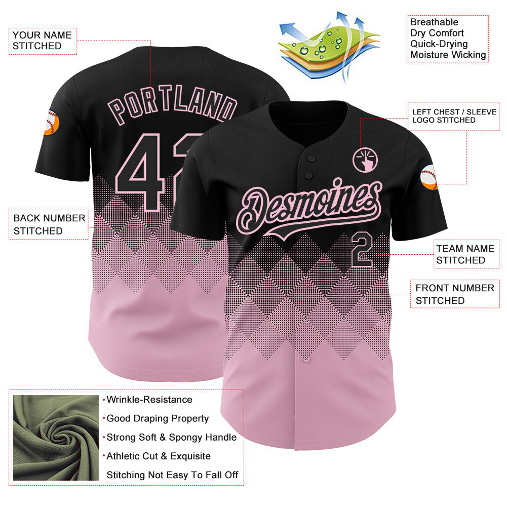 Custom Black Light Pink 3D Pattern Design Gradient Square Shapes Authentic Baseball Jersey baseball jersey product view 3