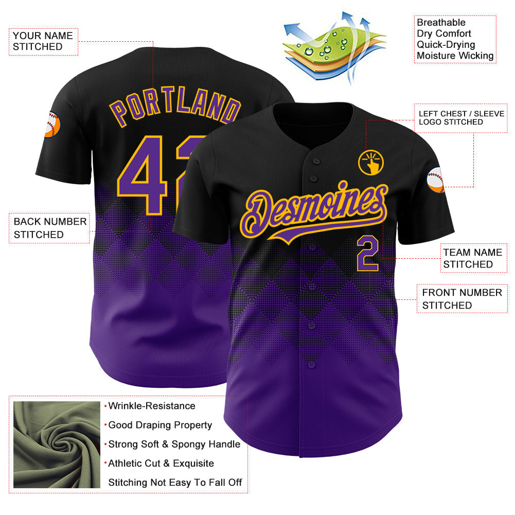 Custom Black Purple-Gold 3D Pattern Design Gradient Square Shapes Authentic Baseball Jersey baseball jersey product view 3