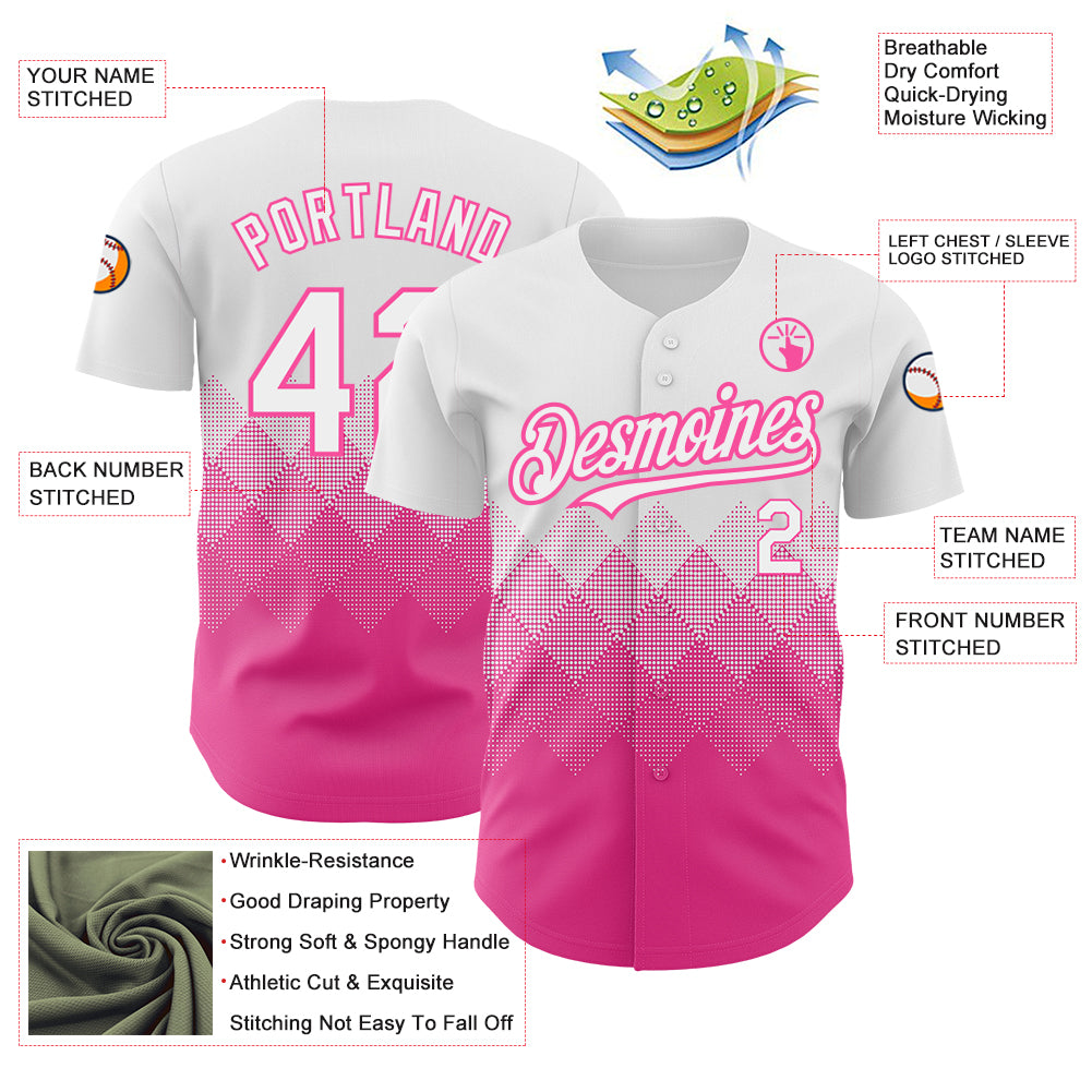Custom White Pink 3D Pattern Design Gradient Square Shapes Authentic Baseball Jersey baseball jersey product view 3