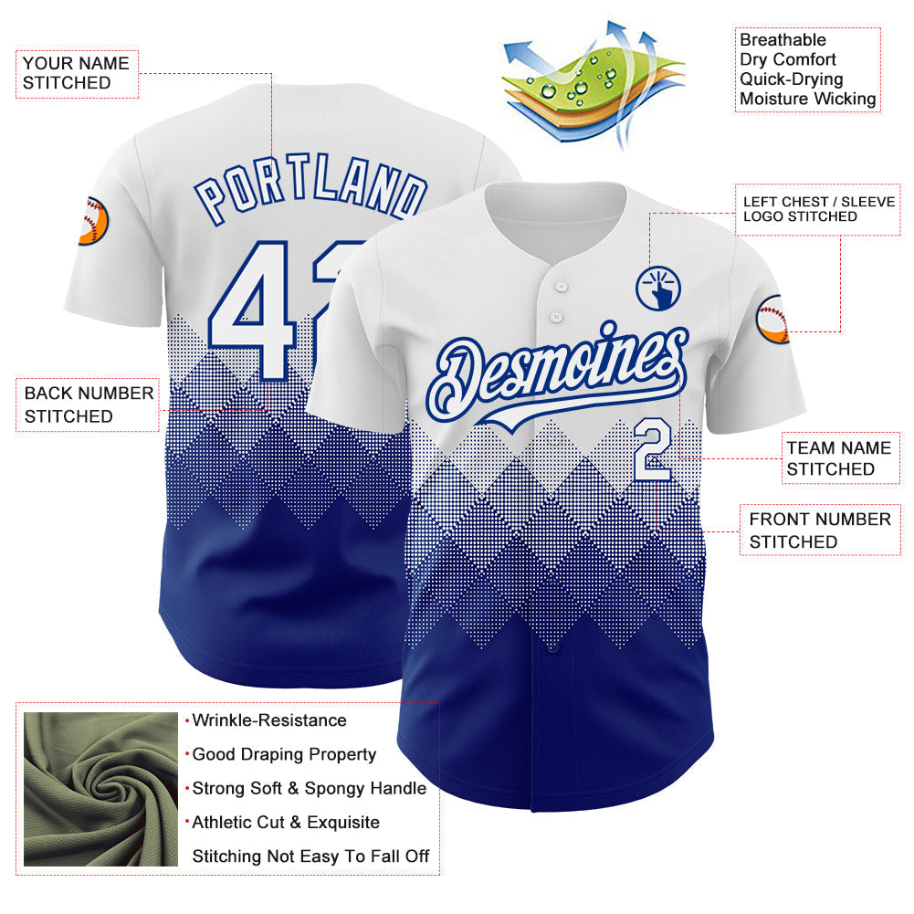 Custom White Royal 3D Pattern Design Gradient Square Shapes Authentic Baseball Jersey baseball jersey product view 3